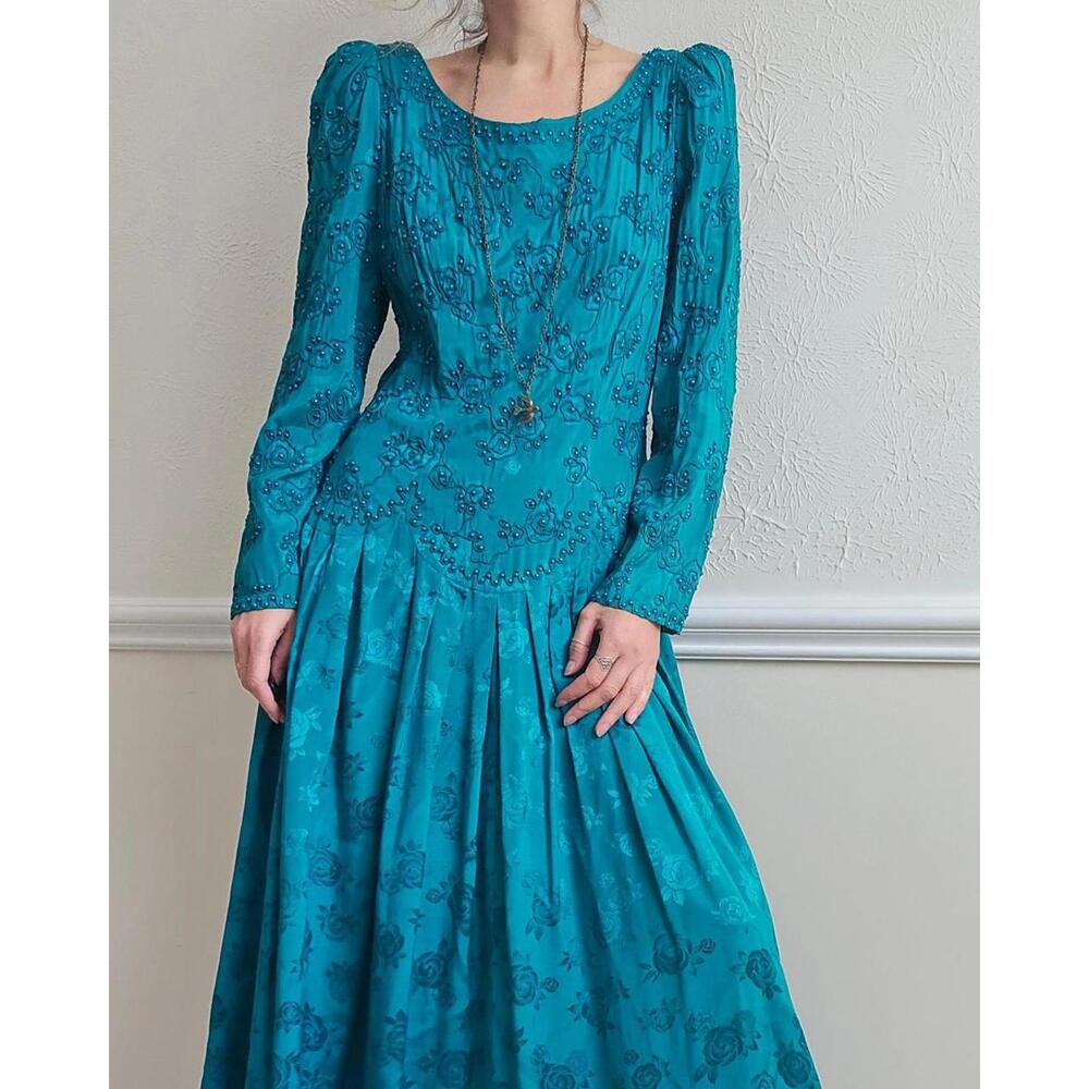 Green teal princess dress, vintage 80s embroidered embellished maxi long 12 L